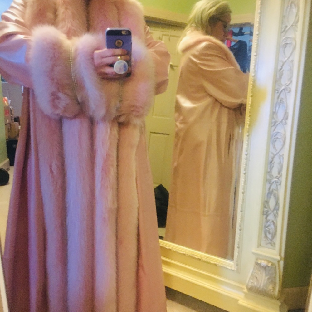 Coat-Pink Pearlized Leather wFox/Crystal Trim Sz16